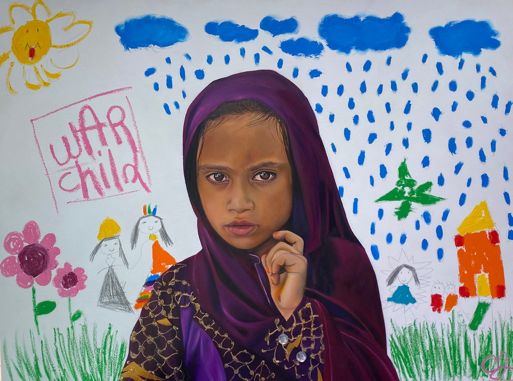 Painting of a girl with a neutral face with a kids drawn backdrop