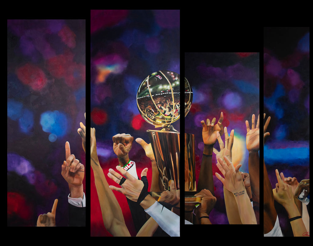 Four panel image of hands hold basketball trophy and cheering.