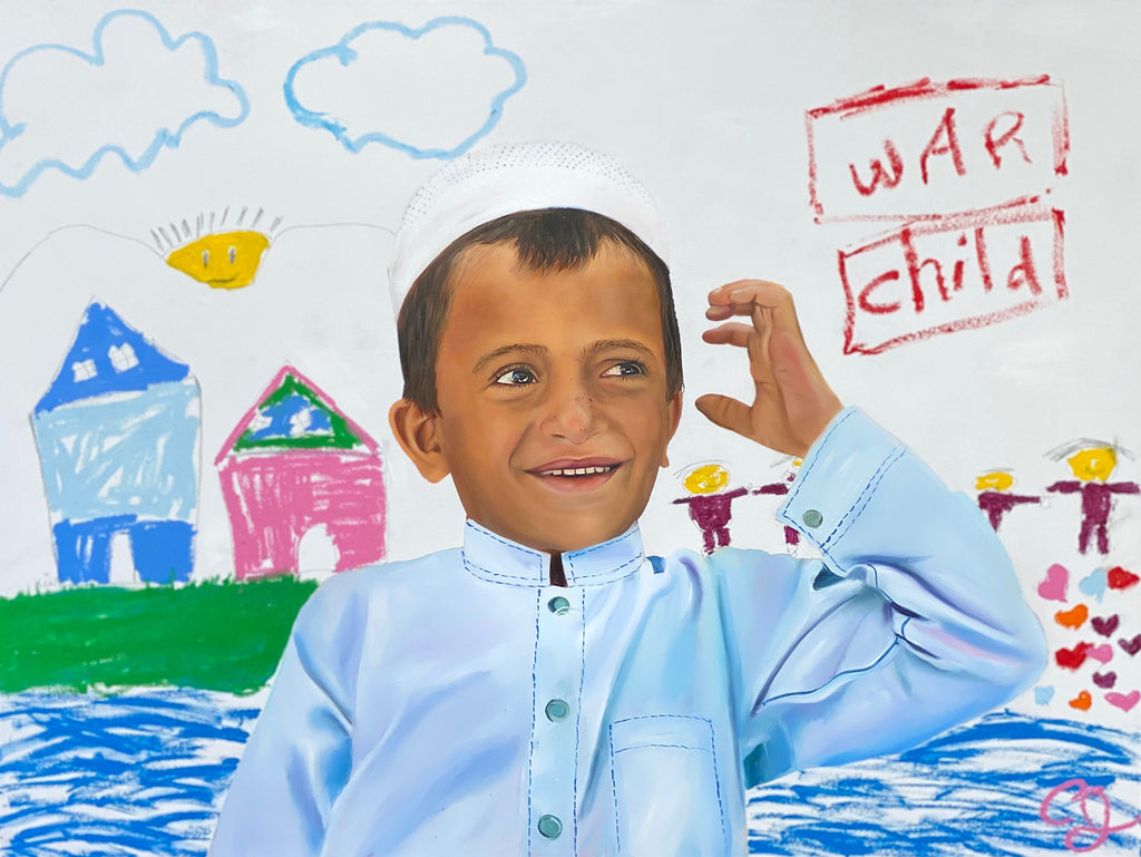 Painting of a boy with a happy face with a kids drawn backdrop